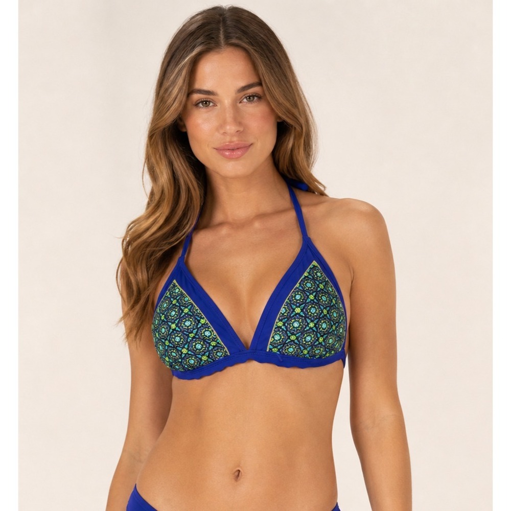 Prana Swimsuit Bikini Top Womens Medium Blue Green Geometric Print Nylon